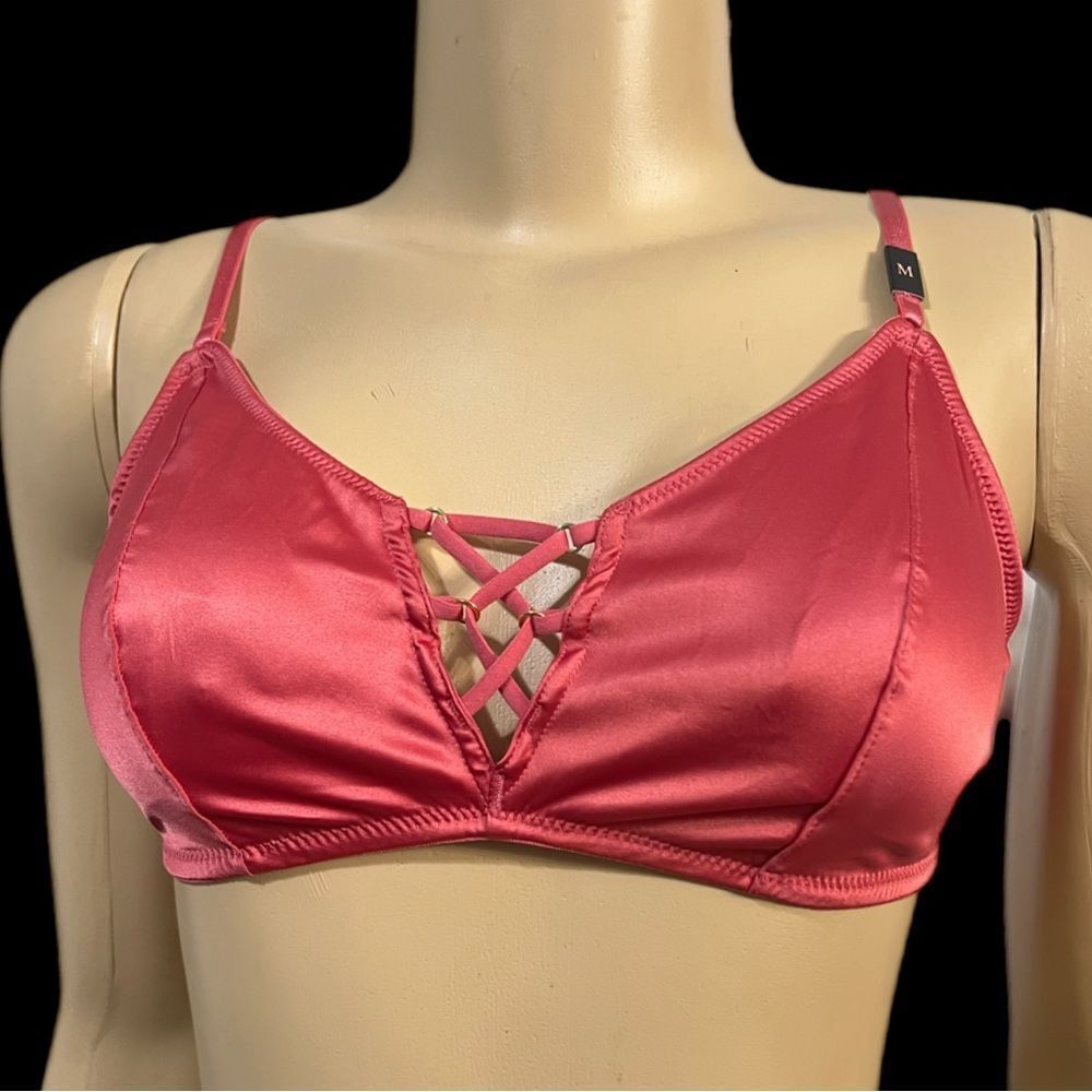 Victorias Secret Satin lace up Padded bralette bra coral Medium